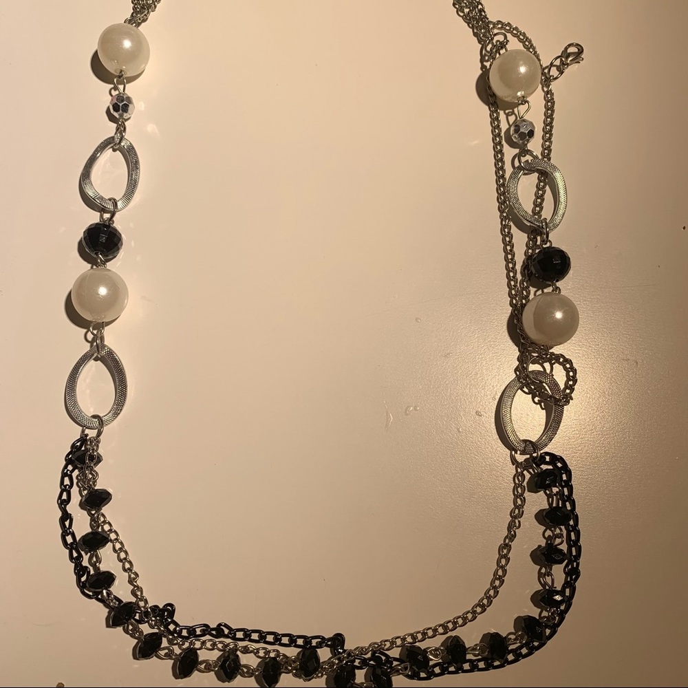Layered bead long   necklace black and white
